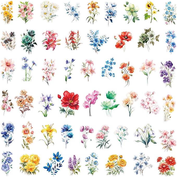 Transparent Watercolor Floral Stickers - 50PCS Aesthetic Flower Stickers Waterproof PET Decals for Journaling, Scrapbooking, Water Bottles, Laptops, Perfect for Plant Lovers & Craft Enthusiasts