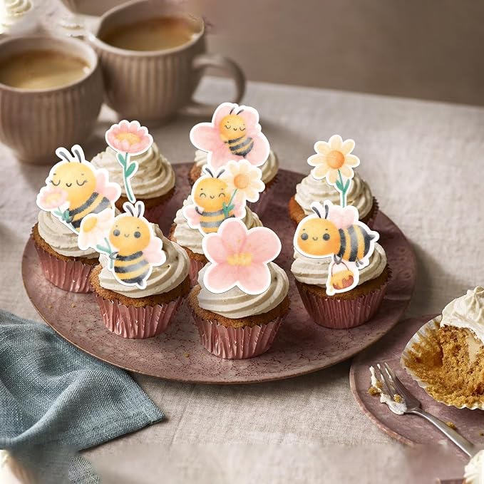 63 PCS Edible Bumble Bee Cupcake Toppers Wafer Paper Oh Babee Honey Bee Cupcake Picks Edible Sunflower Cupcake Decorations for Gender Reveal Baby Shower Kids Birthday Party Cake Decorations Supplies