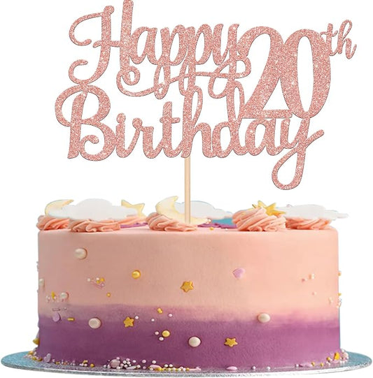 1 PCS Happy 20th Birthday Cake Topper Glitter Cheers to 20 Years Birthday Cake Pick Twenty 20 Fabulous Cake Decoration for Happy 20th Birthday Theme Party Decorations Supplies Rose Gold