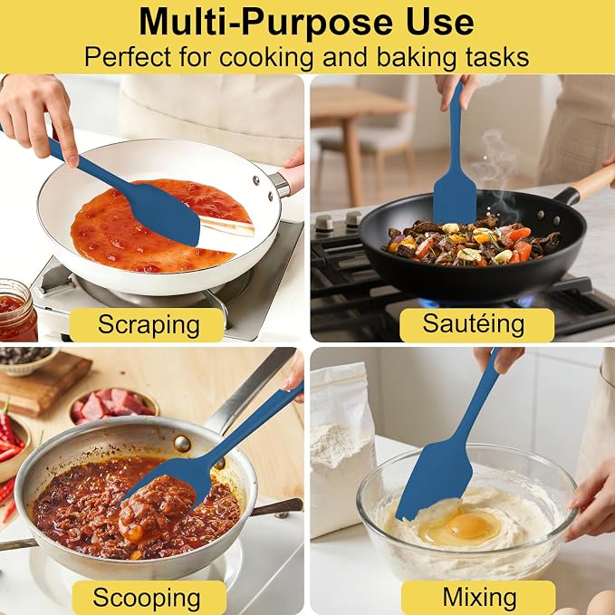 Silicone Spatula Set, 11.4 in, 600°F Heat Resistant (Blue) | Food Grade Rubber, BPA Free, Stainless Steel Core, Flexible for Cooking, Baking, Mixing, Seamless, Nonstick & Dishwasher Safe