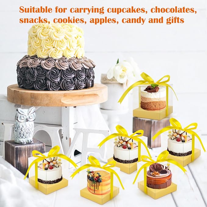 12 Pack Clear Plastic Cupcake Boxes, 3.5 Inch Gold Single Cupcake Containers Disposable Individual Cup Cake Carrier Holder Boxes with Inserts and Ribbon (Yellow)