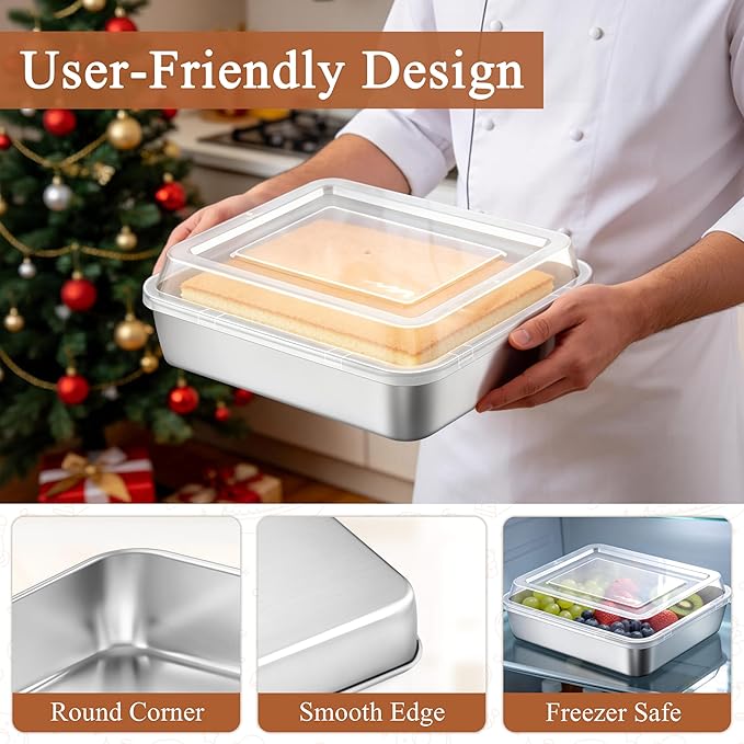 LIANYU 9 x 9 Inch Square Baking Pan, 2 Pack Stainless Steel Square Cake Pan Set with Lid, Metal Baking Dishes for Bread Lasagna Brownie Cookie, Oven & Dishwasher Safe (2 Pans + 2 Lids)