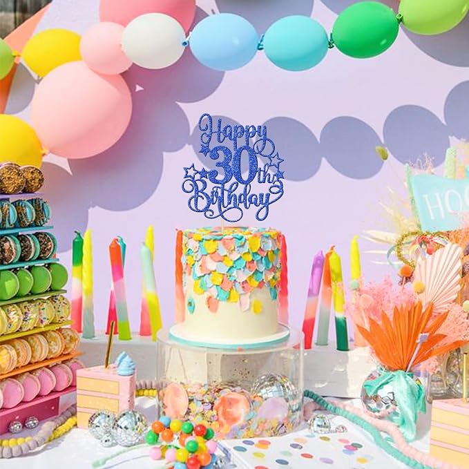 1 PCS Happy 30th Birthday Cake Topper Glitter Cheers to 30 Years Birthday Cake Pick Hello 30 Fabulous Cake Decoration for Happy 30th Birthday Anniversary Party Decorations Supplies Blue
