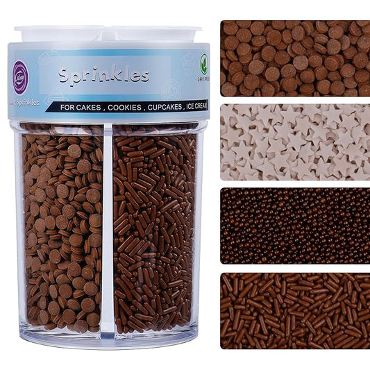 Chocolate Sprinkles for Cake Decorating, 8Oz 4-Cell Mix with Nonpareil, Jimmies, Star Shapes & Confetti Circles Edible Brown Sprinkles for Cookies Cake Ice Cream Cupcakes Brownie Baking Topping