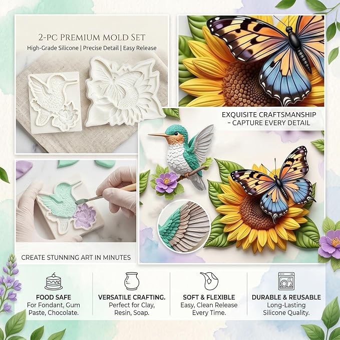 2Pcs Butterfly Sunflower Silicone Fondant Molds 3D Hummingbird Nature Candy Molds for Baking Dessert, Spring Cake Decorating, Cupcake Topper, Chocolate, Soap, Resin, Polymer Clay Crafting