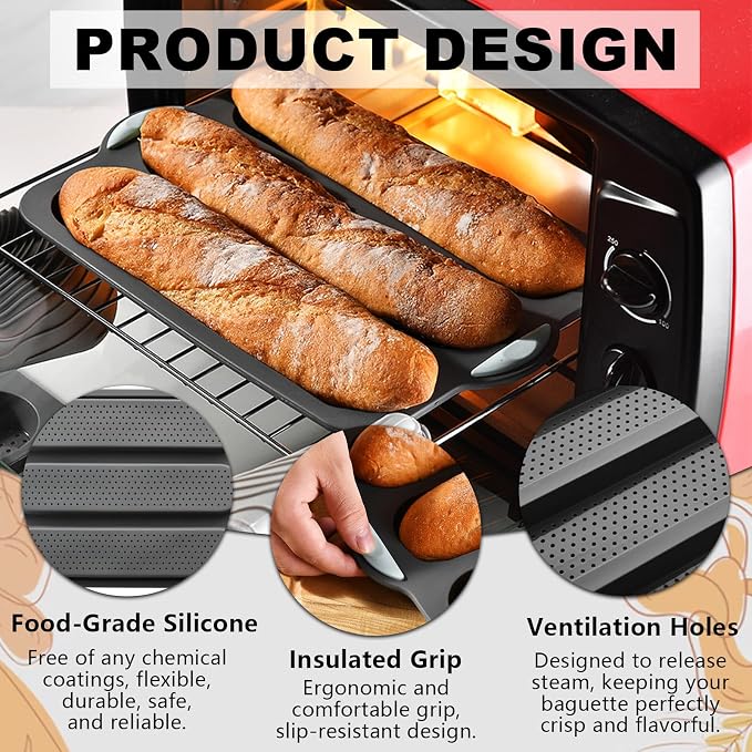 2 PCS Silicone Hamburger Bun Pan and Baguette Pan Set, Silicone Baguette Baking Mold,3 Wave French Bread Baking Tray,6 Cup Hamburger Bun Mold with Scraper for Homemade Bread Loaf Sandwich Donuts