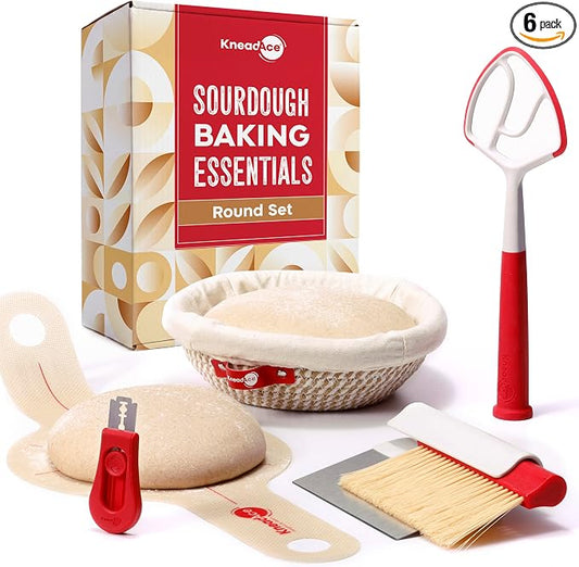 KneadAce Sourdough Kit, Sourdough essentials tools including round proofing basket, round bread sling, bread lame, bench scraper and baker's brush set and dough wand
