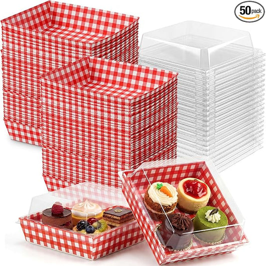 Potchen 50 Pack Red and White Checkered Charcuterie Boxes with Clear Lids, Red & White Buffalo Plaid Gift Boxes with Window for Pizza Party Decorations Wedding Bridal Baby Shower Picnic Buffet