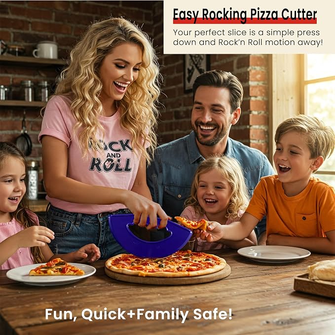 Rock'n Roll Pizza Cutter, Plastic, Non-Stick, Rocking, 9 inch, Easy Clean, Dishwasher Safe, Handheld Pizza Slicer, Easier Slicing Tool, Baking, Pastry Bread Cutting Knife, Made in USA, Cobalt Blue