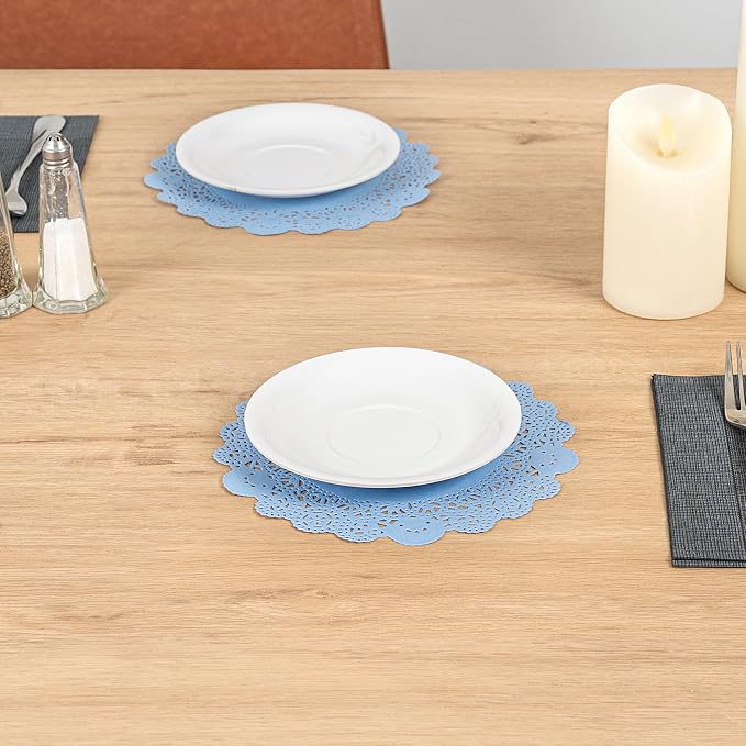 Restaurantware-Pastry Tek 8 x 8 Inch Paper Lace Doilies, 4000 Round Disposable Table Doilies - Elegant Lace Finish, Long Lasting, SkyBlue Paper Lace Doilies, for Pastries, Cupcakes, Desserts