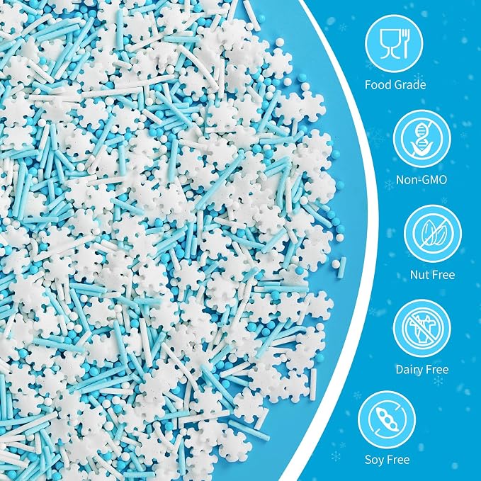 Edible White Snowflake Sprinkles,Blue White Nonpareils Pearls Jimmies Mix Sugar Sprinkle,130g,light Blue Sprinkle Snow Candy for Cake Decorating,Holiday Cake Decorations,Dessert,Cupcakes,Donuts,Cookies,Ice cream Toppers,Birthday Party,Mother's Day,Wint...