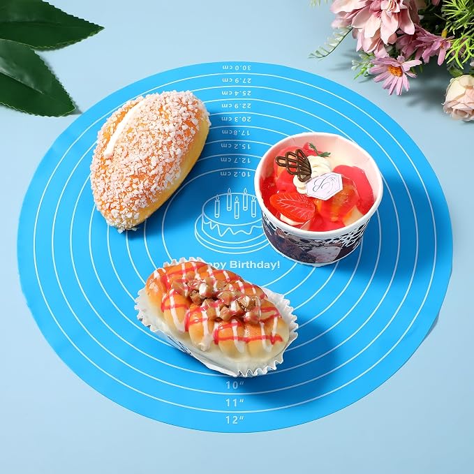 2 Pcs Silicone Cake Mat, 12 Inch Round Silicone Baking Mat with Measurements Pink Blue Turntable Pastry Mats Non-Stick Heat Resistant Reusable Cookie Pad for Rolling Dough Pizza Pan