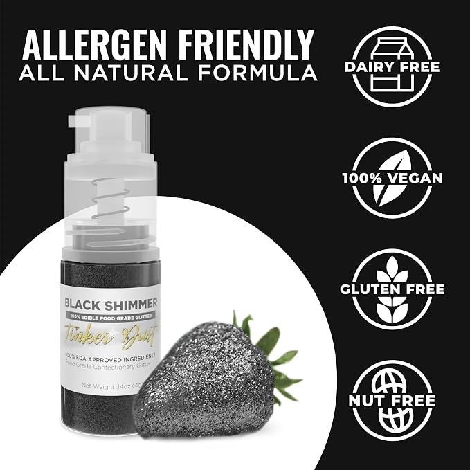 Bakell - Black Tinker Dust (4g, 1x Mini Spray Pump) Edible Glitter for Food, Desserts, and Baked Goods!