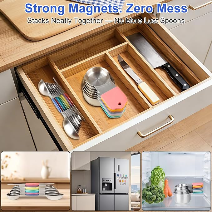 Magnetic Measuring Cups & Spoons Set, Patented, Strong N45 Magnets, Heavy Duty Stainless Steel Fits in Spice Jars for Baking & Cooking, Round Set of 15 with Leveler Colorful