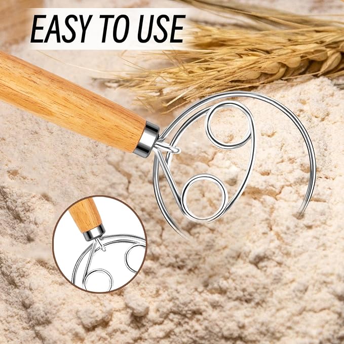Danish Dough Whisk Stainless Steel Wooden Handle for Sourdough Bread Pizza and Pastry Making