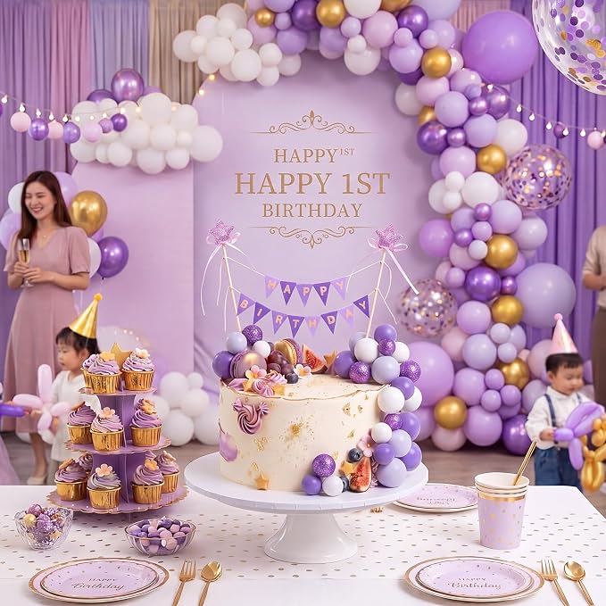 21 Pcs Happy Birthday Cake Topper Cake Bunting Topper Banner with Wood Pole Rainbow Garland with Bow Ribbon Balloon, Mini Cupcake Decor for Birthday Baby Shower (Purple,White)