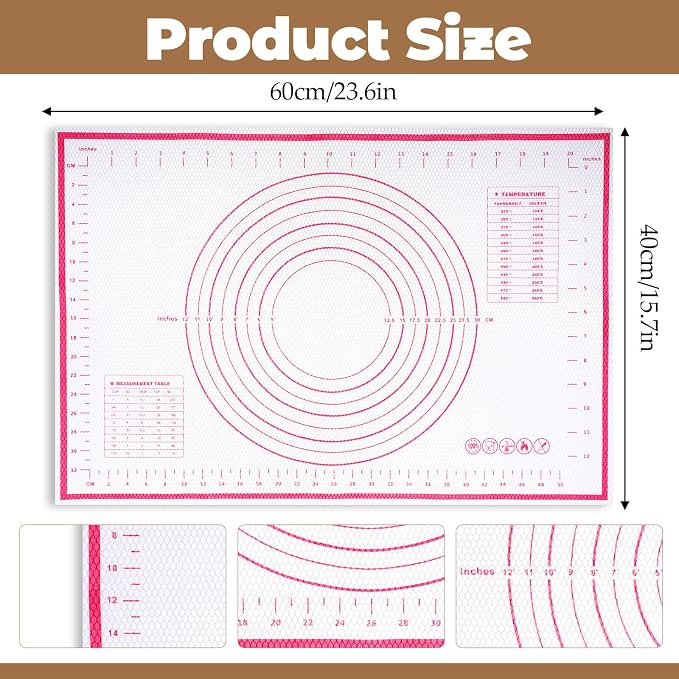 Silicone Baking Mat 23.6" × 15.7" Extra Large Pastry Dough Mat with Measurements For Rolling Dough Bread Pizza Pie Crust Fondant Making Oven Liner Kitchen Counter Non-Slip Non Stick Reusable