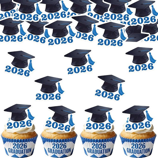 42pcs Edible Graduation Cap Cupcake Toppers Wafer Paper Blue Class of 2026 Cake Decorations Edible Grad Cap Cupcake Picks for 2026 Graduation Theme Party Cake Decor Supplies