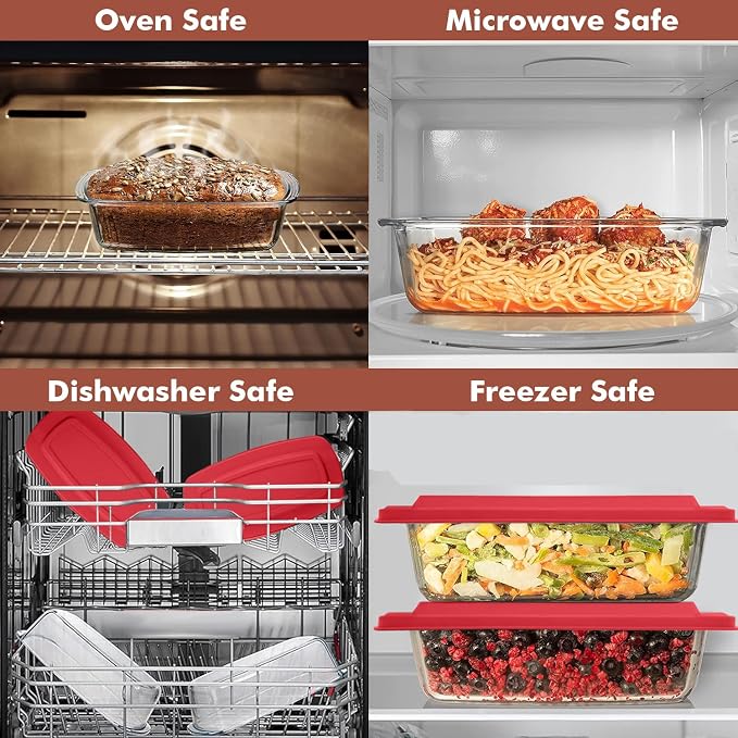 Razab LARGE 7.6 Cups/1800 ML/1.9 Qt Glass Loaf Pan with Lids (Set of 2) - Meatloaf Pan BPA free Airtight Lids Grip Handle Easy Carry, Microwave and Oven Safe - Loaf Pans For Baking Bread, Cakes