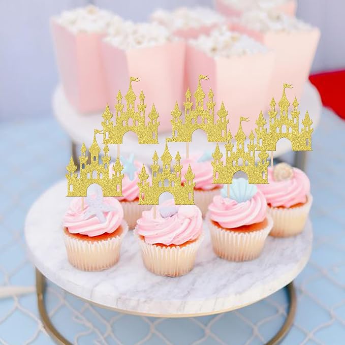 24 PCS Castle Cupcake Topper Princess Cupcake Toppers Castle Theme Birthday Party Decorations Queen Castle Cupcake Picks for Princess Prince Birthday Baby Shower Party Cake Decorations Supplies Gold