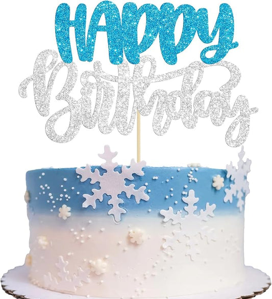 Gyufise 1Pcs Happy Birthday Cake Topper Glitter Happy Birthday Cake Pick for Winter Wonderland Wedding Anniversary Theme Party Cake Decorations Supplies Blue Silver
