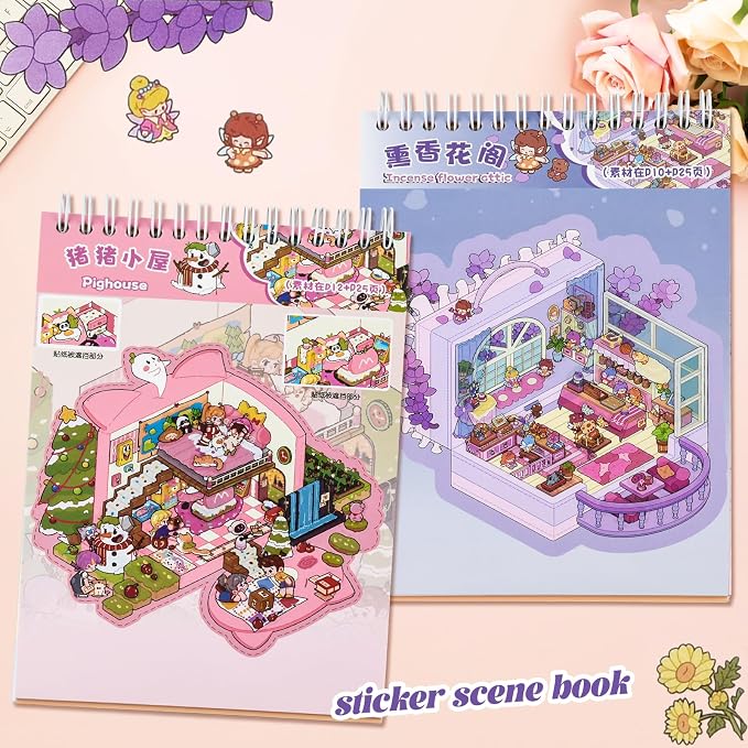 20 Sets DIY 3D Sticker Scene Collection Book DIY 3D House Stickers Make Your Own Sticker Therapy Cute Cartoon Stickers Scenes for Relief Stress Pass The Time (Blue - 20 Sets)