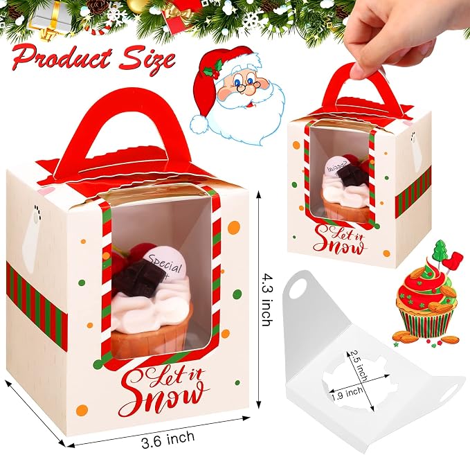 TaoBary 24 Pcs Christmas Cupcake Boxes Xmas Individual Cupcake Box Christmas Cookie Boxes with Window Insert Handle Muffin Pastry Holder Bakery Treat Box for X-mas Party(Bear)