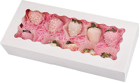 Tcoivs 20-Pack Cookie Boxes with Window, 12.5" x 5.5" x 2.5", White Bakery Boxes, Auto-Popup Treat Boxes for Pastries, Strawberries