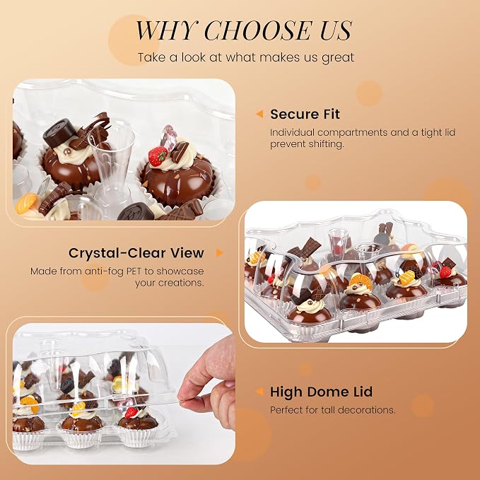 12 Count Mini Cupcake Containers 30 Sets with 360 Pack Cupcakes Liners, Plastic Cupcake Holder, Stackable Mini Cupcake Boxes Carrier, Clear Disposable Cupcake Trays, High Dome
