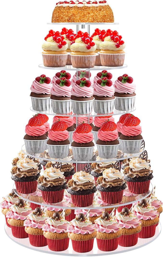 Cupcake Stand for 60 Cupcakes, 6 Tier Large Acrylic Round Clear Wedding Cupcake Tower, Cupcake Tier Stands for Dessert Table, Tiered Cupcake Holder Stand, Cupcake Display Stand for Birthday Party