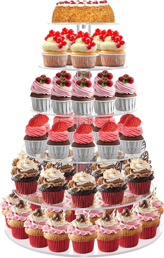 Cupcake Stand for 60 Cupcakes, 6 Tier Large Acrylic Round Clear Wedding Cupcake Tower, Cupcake Tier Stands for Dessert Table, Tiered Cupcake Holder Stand, Cupcake Display Stand for Birthday Party