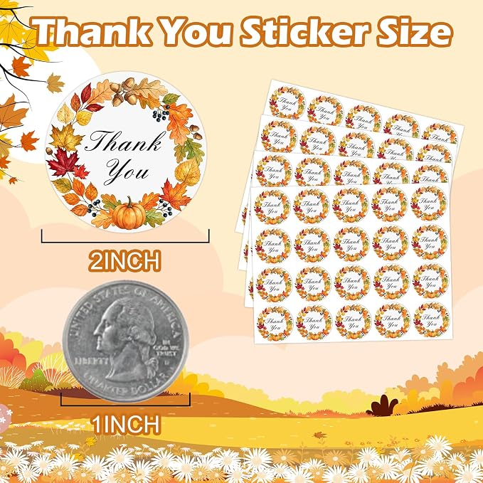 Louise Maelys 2 Inch Thank You Stickers Roll-120 Pcs Fall Thank You Sticker with Pumpkin & Leaf Pattern Autumn Stickers Labels for Thanksgiving, Gift Wrapping, Party Favors, Small Business, Envelope