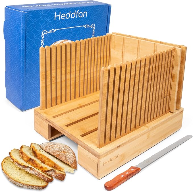 Bamboo Bread Slicer For Homemade Bread - Built-In Knife Slot, Crumb Catcher & Storage Compartment - Adjustable Extra Wide & High For Sourdough - Long 12” Knife Blade Included