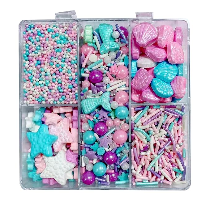 Sentovac Mermaid Sprinkles Nonpareils Jimmies Starfish Shell Mix Edible Sprinkle for Cake Decorating Candy Cookie Baking Decorations Mermaid Party Birthday Supplies
