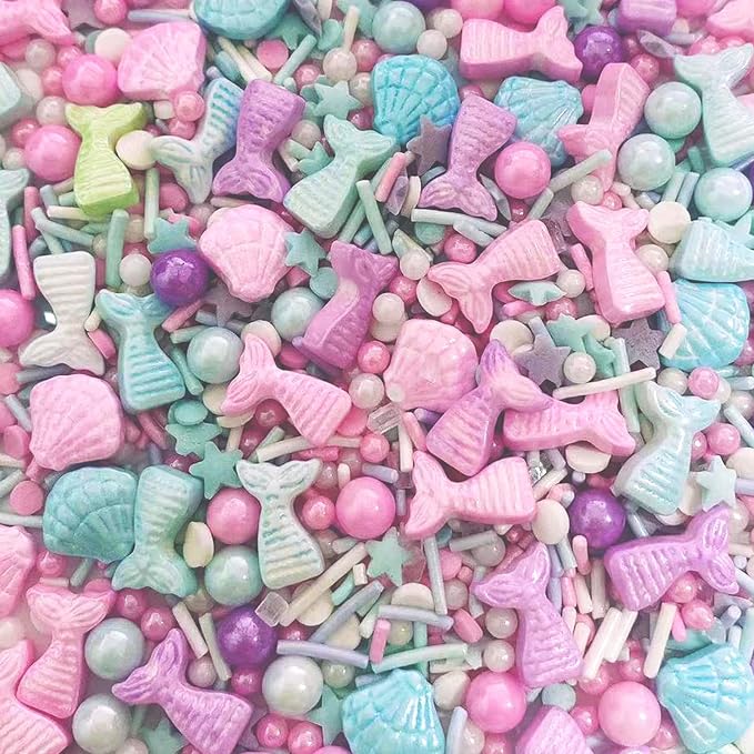 Sentovac Multicolor Mermaid Sprinkle Edible Decorating Ocean Sprinkles for Cake Cupcake Topper Cookie Baking Decorations Starfish Shell Pearl Mermaid Candy Mix Mermaid Party Birthday Cake Decorations