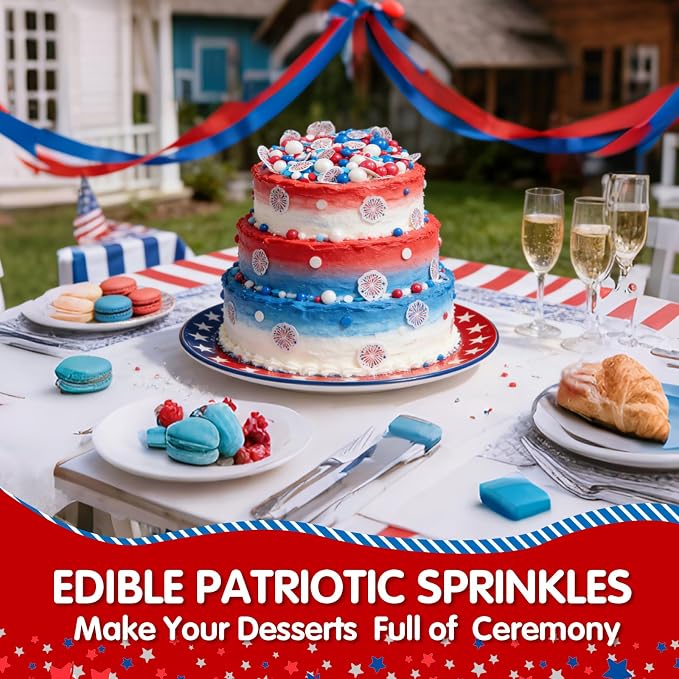 4th of July Edible Sprinkles,Red White Blue Patriotic Sprinkles Mix Edible Fireworks Wafer Paper,130g,Round Confetti Pearls Sprinkle for Cake Decorating,Flag Day,Juneteenth Independence Day Cupcake Donut Cookie Decorations for Fourth of July Party