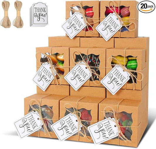 KPOSIYA 20 Pcs Brown Bakery Boxes with Window - Individual Cupcake & Cookie Boxes (4x4x2.5 Inches) - Kraft Paper Brown Gift Box for Pastries, Cookies, Pie, Donuts, Macaroon