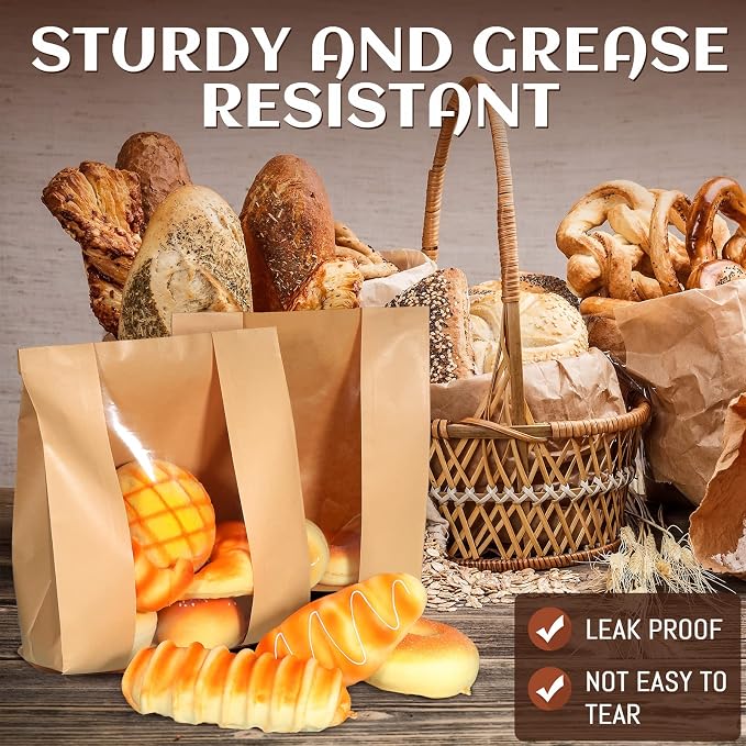 Meanplan 150 Pcs Bakery Bags with Window Large Paper Bread Bags Bulk for Homemade Bread Kraft Packaging with 10 Sheets Stickers for Sourdough Loaf Cookie Food 12 x 8.3 x 3.5 Inch