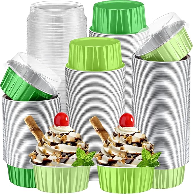 200 Pack Aluminum Foil Cupcake Liners with Lids, 5 oz Round Baking Cup, Disposable Ramekin Container for Graduation Wedding Independence Day Party(Green Set,Plain)