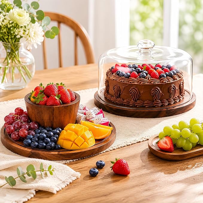 Acacia Wood Cake Stand with Lid - 12 Inch Magnetic Detachable Cake Stand with Dome, Shatterproof Acrylic Cover, Versatile Cake Holder & Charcuterie Board for Parties, Dessert Table Display