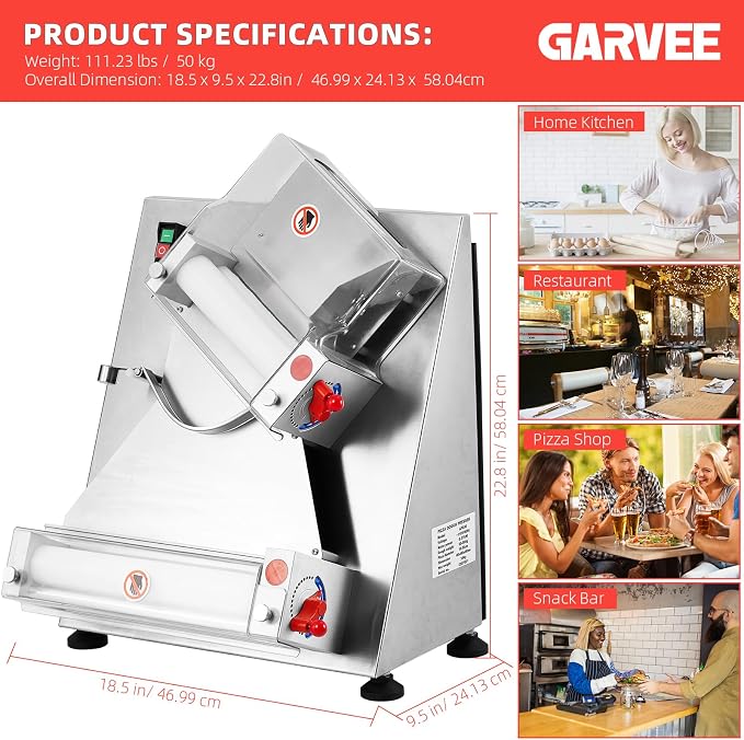 Commercial Pizza Dough Roller Sheeter, Max 12", CHEINAUTO Automatic 370W Electric Pizza Dough Roller, Stainless Steel, Suitable for Noodle, Pizza Bread and Pasta Maker Equipment