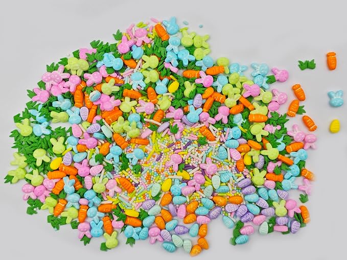 Edible Easter Sprinkles, Pastel Sprinkles Mixed with Mini Bunny Carrot Egg Jimmies Nonpareils Green Grass for Ice Cream Cupcakes Cookies Topping Cake Decorating, 4.23 oz