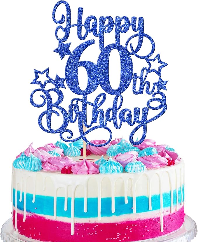 1 PCS Happy 60th Birthday Cake Topper Glitter Cheers to 60 Years Birthday Cake Pick Hello 60 Fabulous Cake Decoration for Happy 60th Birthday Anniversary Party Decorations Supplies Blue