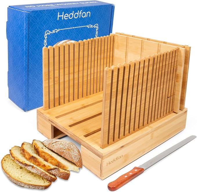 Bamboo Bread Slicer For Homemade Bread - Built-In Knife Slot, Crumb Catcher & Storage Compartment - Adjustable Extra Wide & High For Sourdough, 12” Knife Blade Included *BREAKAGE ISSUE NOW FIXED*