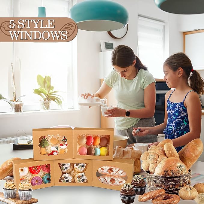 KPOSIYA 65 PCS 8x6x2.5 Inch Cookie Boxes with Window Brown Bakery Boxes Pastry Boxes for Gift Giving, Treat, Dessert, Cupcakes, Chocolate, Strawberries, Donuts, Muffins (5 Style Windows)