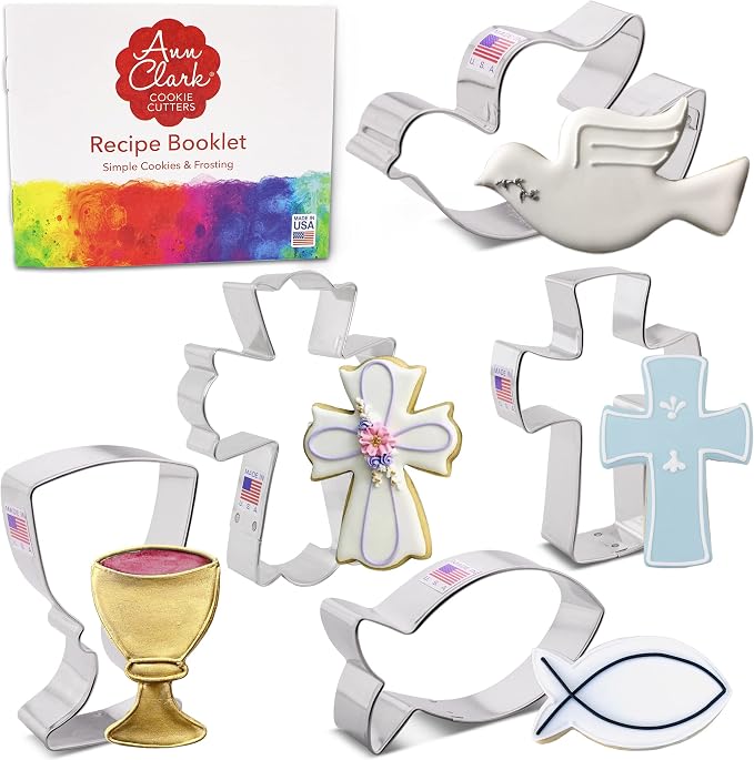 Communion Baptism Confirmation Easter Cookie Cutters 5-Pc. Set Made in the USA by Ann Clark, Chalice, Jesus Fish, Holy Cross, Dove, Fancy Cross