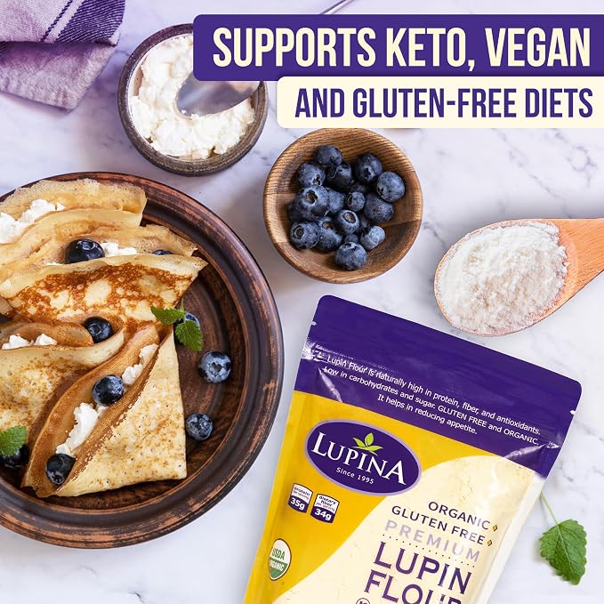 Lupina Organic Gluten-Free Lupin Flour – Pack 2 –16 oz- High-Protein, High-Fiber, Low-Carb Plant-Based Flour – Non-GMO Vegan Superfood for Baking, Smoothies & Healthy Cooking