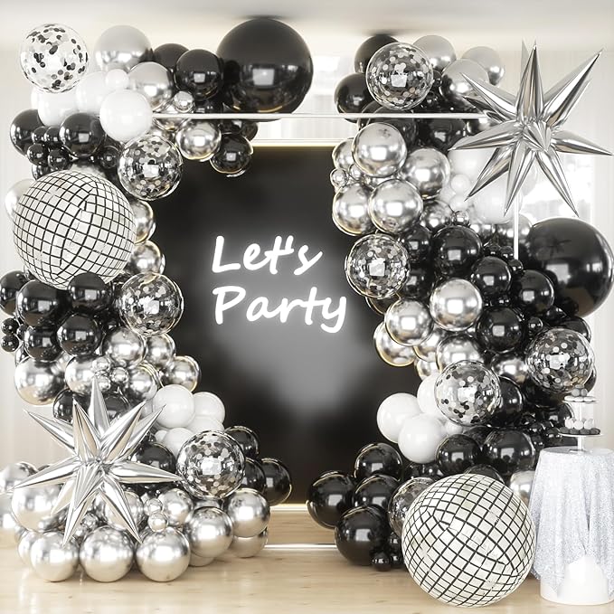 Black Silver Balloons Arch Garland Kit, Black Silver White Balloons Disco Ball Balloons Arch for Disco Party Birthday Graduation Anniversary Decorations