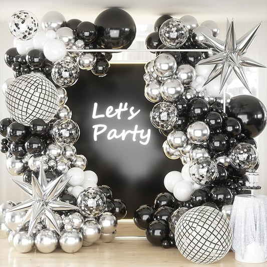 Black Silver Balloons Arch Garland Kit, Black Silver White Balloons Disco Ball Balloons Arch for Disco Party Birthday Graduation Anniversary Decorations