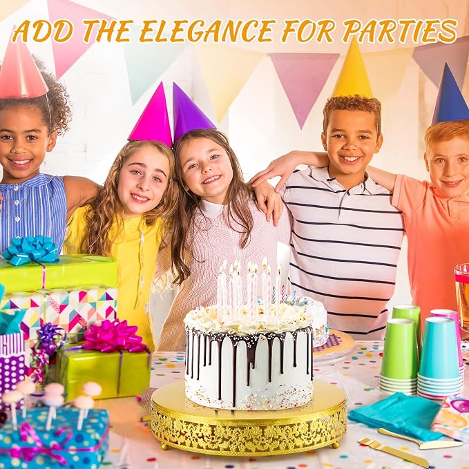 Wenqik 14 Inch Gold Cake Stand Set Metal Round Cupcake Dessert Stand with Cake Cutting, Flower Spatula Wedding Cupcake Pastry Display Candy Holder Display for Wedding Party Birthday Baby Shower